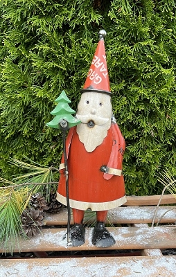 SANTA HOLDING TREE ON A STICK METAL 13.25